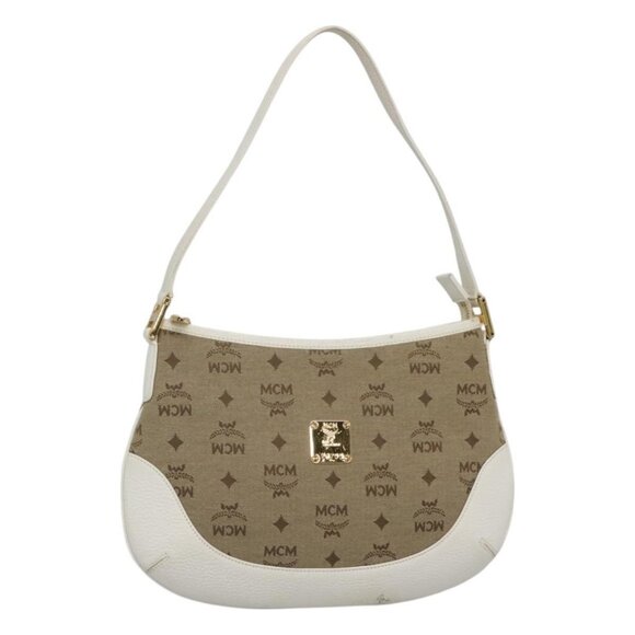 Authentic MCM Vicetos Logogram Shoulder Bag Canvas Beige Gold